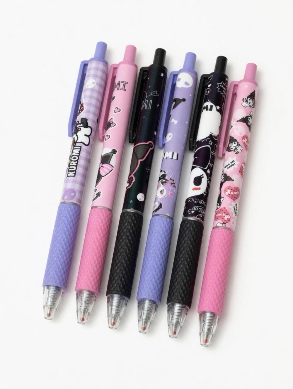 Kuromi 6-Pack Cute Ballpoint Pens Set 0.5mm Black Ink Sanrio Pen Box